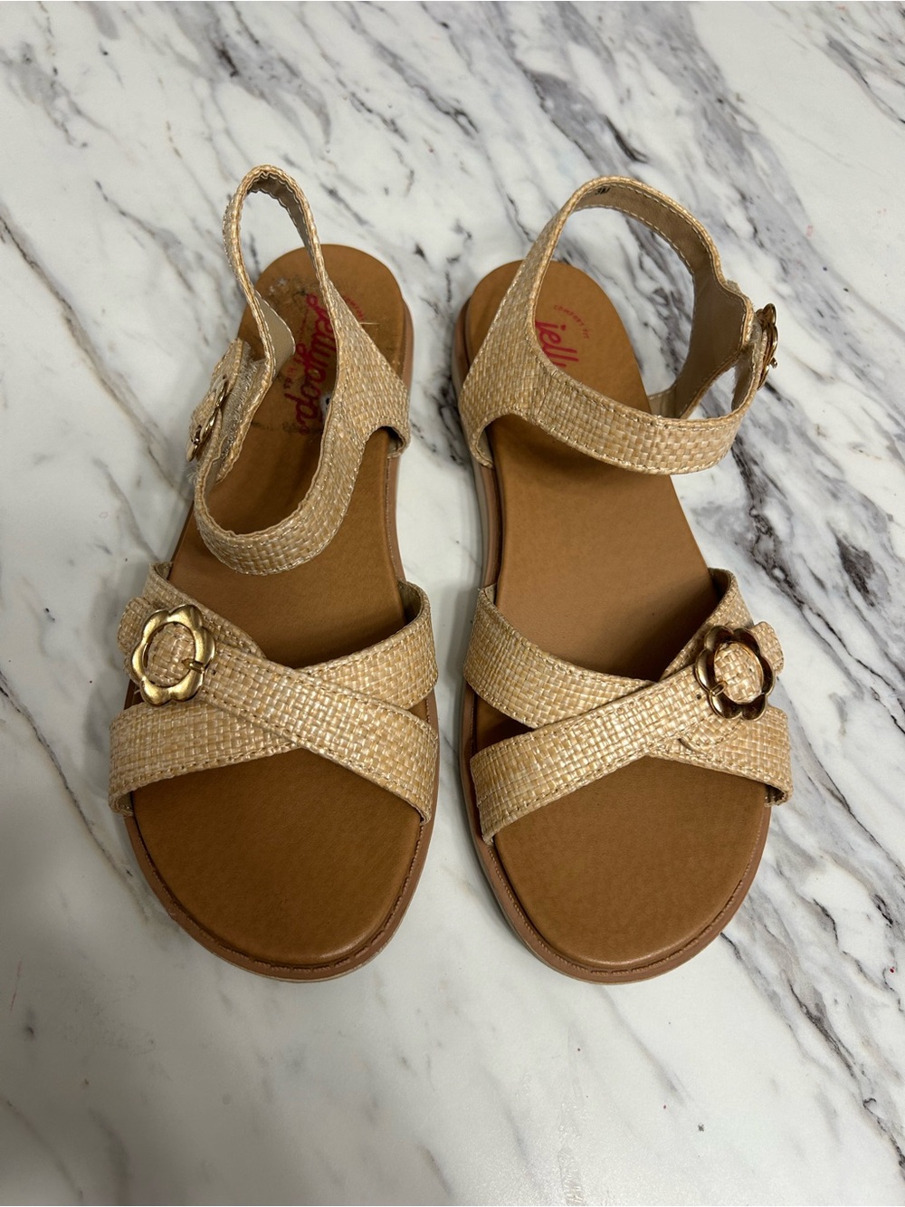 Jellypop Beige Woven Flower-Accent Slingback Sandals